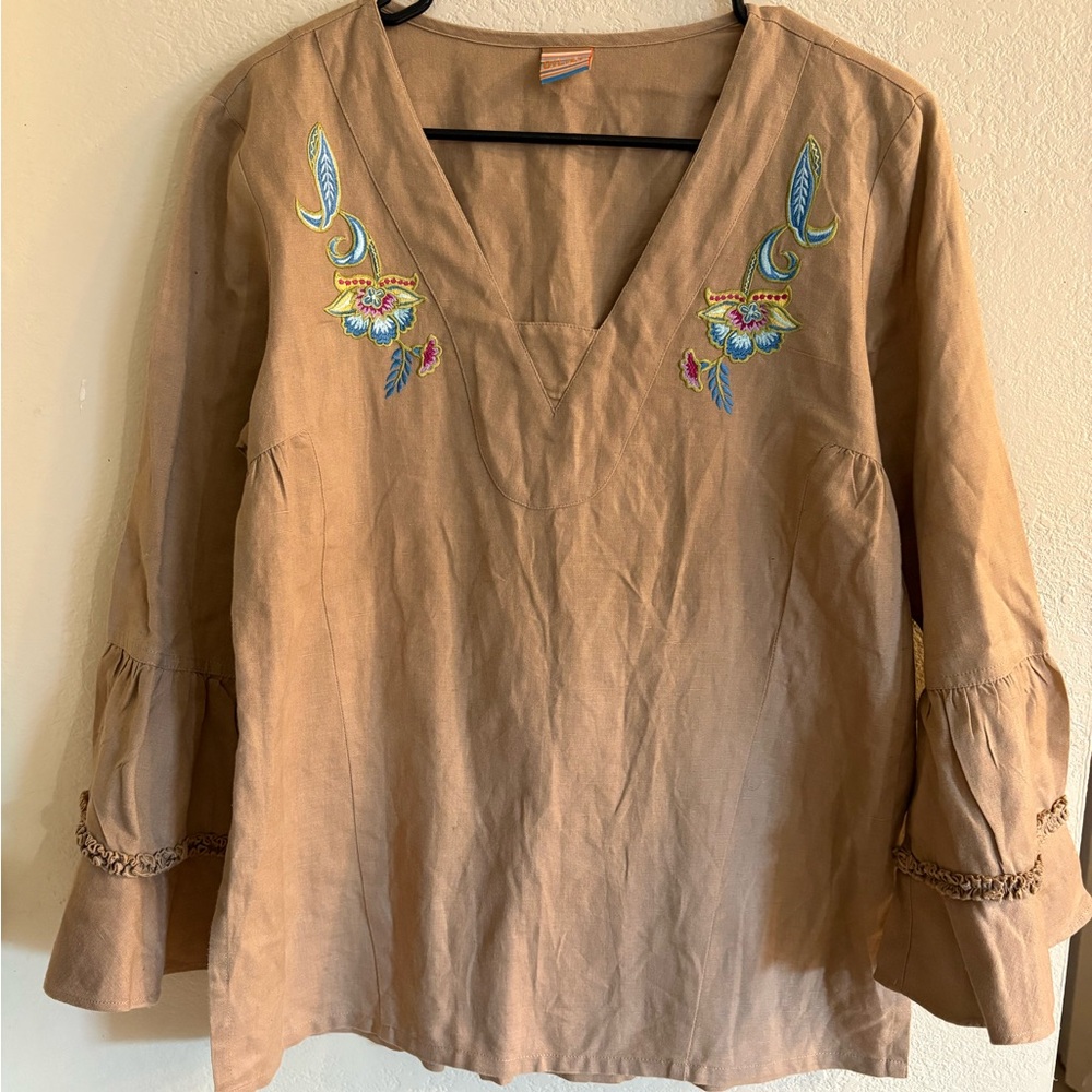 Oilily Embroidered V-Neck Bell Sleeve Tunic — Tan with Multicolor Accents